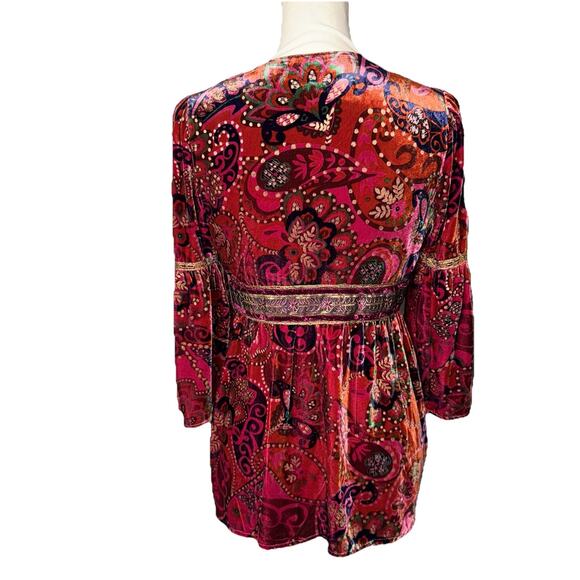 Boho Velvet Babydoll Medium Top Burgundy Gold Trumpet 3/4 Sleeve V-Neck Festival - Picture 5 of 7